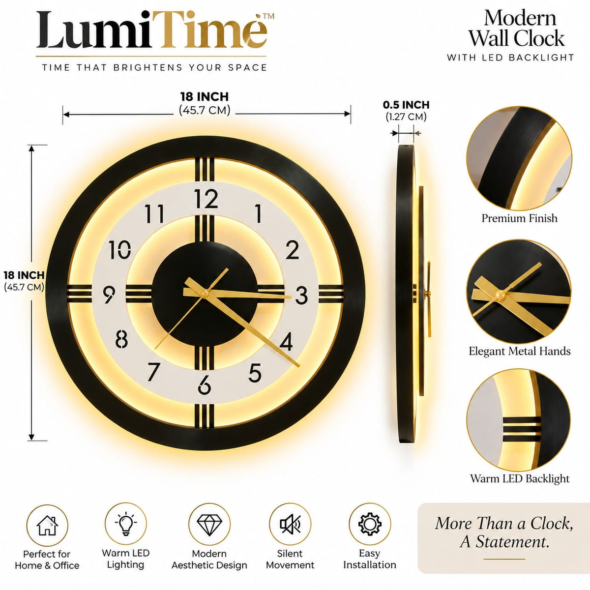 Modern Black & Gold Metal Wall Clock