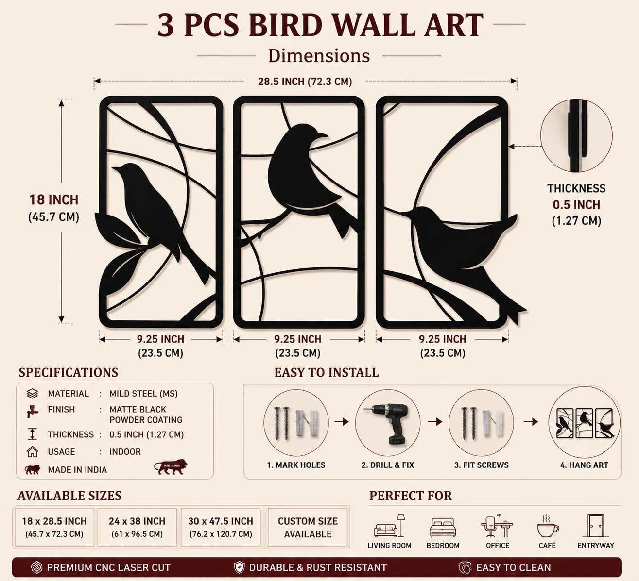 3 Piece Birds Metal Wall Art